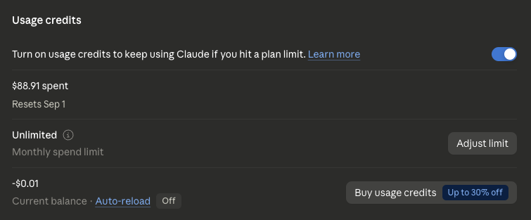 Screenshot of my claude credits