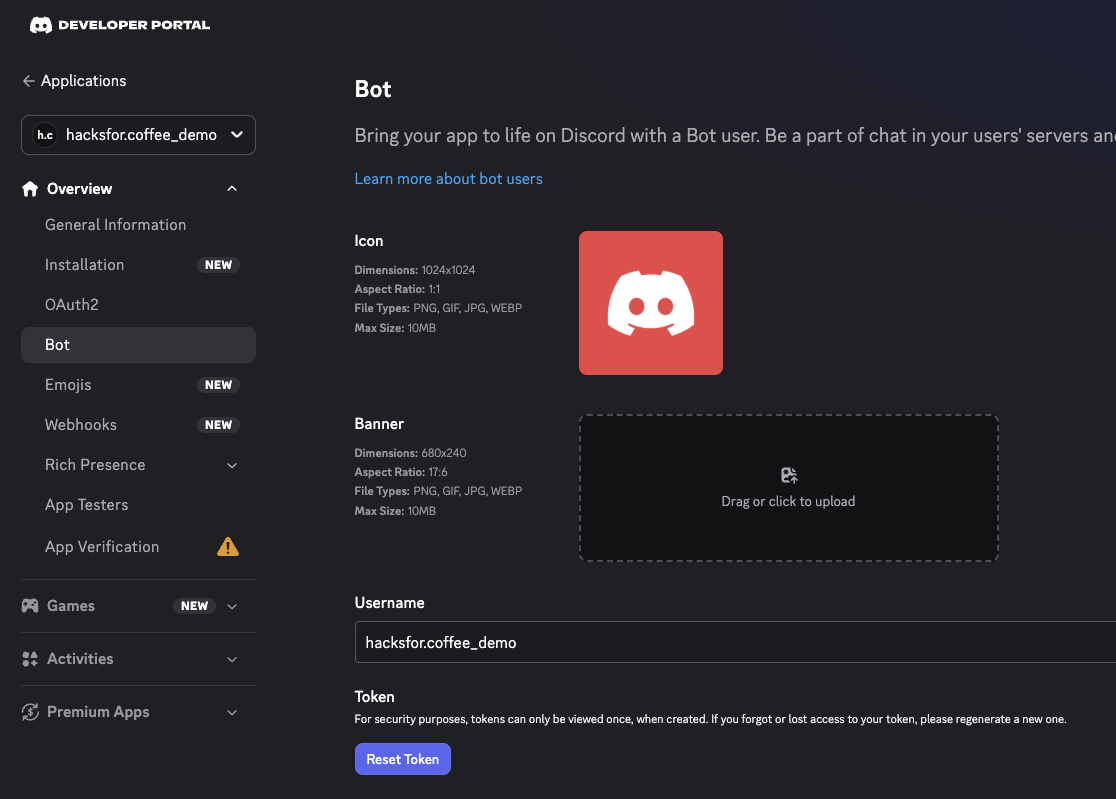 The Discord bot's settings page, showing where to reset and copy the token