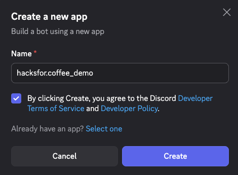 Creating a new application in the Discord developer portal
