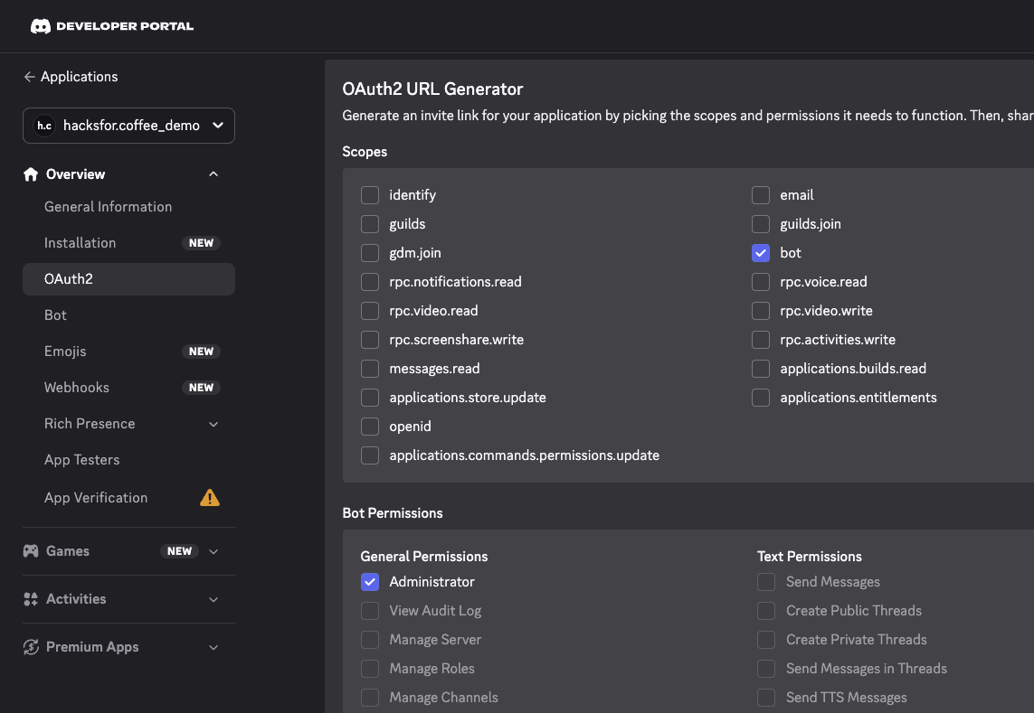 The OAuth2 URL generator, used to build the bot invite link
